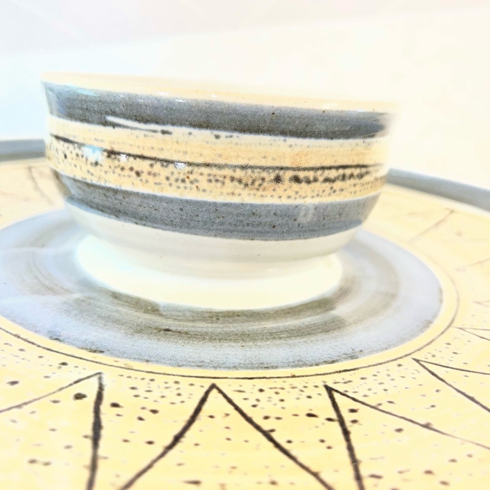 Hage Studio Signed Stoneware Pottery MCM Chip Attached Dip Platter Geometric - Picture 4 of 8